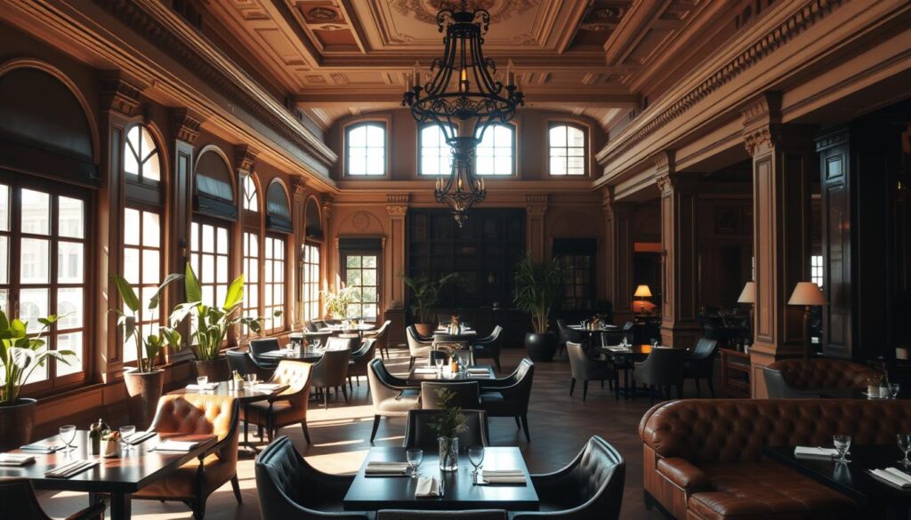 A spacious and elegant interior of Plataran Menteng restaurant, featuring a mix of colonial-era architectural elements and modern furnishings. The room is bathed in warm, natural lighting filtering through large windows, casting a cozy and inviting ambiance. Plush leather armchairs and sofas are arranged around dark wooden tables, complemented by intricate chandeliers and decorative moldings on the high ceilings. Potted plants and lush greenery add pops of color, while the overall palette evokes a sense of timeless sophistication. The space exudes a refined, yet relaxed atmosphere, perfect for an intimate dining experience.