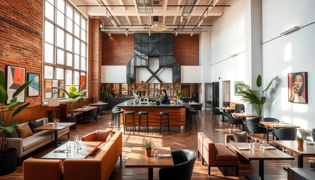 A stylish and modern Social House interior, bathed in warm natural lighting that streams through large windows. The space features a mix of sleek, minimalist furniture in neutral tones, complemented by pops of vibrant artwork and greenery. A central bar, crafted from polished wood and metal, sits as the focal point, surrounded by cozy lounge seating. The walls showcase a blend of exposed brick and clean, white surfaces, creating an inviting, gallery-like ambiance. Diners enjoy their meals at well-appointed tables, while subtle nods to contemporary art and design elements elevate the overall atmosphere of this sophisticated dining experience.