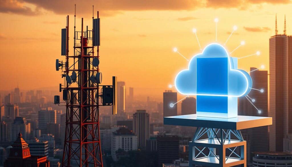 A visually striking contrast between a traditional broadcasting tower and a sleek digital platform, set against a backdrop of a city skyline. The broadcasting tower, with its towering antennas and satellite dishes, represents the legacy of analog media, while the digital platform, with its clean lines and minimalist design, symbolizes the modern, cloud-based ecosystem of digital media. Soft, warm lighting illuminates the scene, creating a sense of depth and emphasizing the juxtaposition between the two worlds. The image should convey a sense of the evolving media landscape, where traditional and digital platforms coexist, each with its own unique characteristics and challenges.