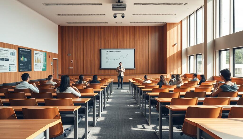 A modern, well-lit lecture hall with sleek wooden desks and chairs arranged in tidy rows. The walls are adorned with artful infographics and informative posters on accounting principles and economic theories. A large projector screen at the front displays a balanced financial statement, while a charismatic professor stands before the class, engaging students in a lively discussion. Natural light floods in through large windows, creating a warm, inviting atmosphere conducive to deep learning. The overall scene conveys the academic rigor and professional prestige of an esteemed economics faculty.