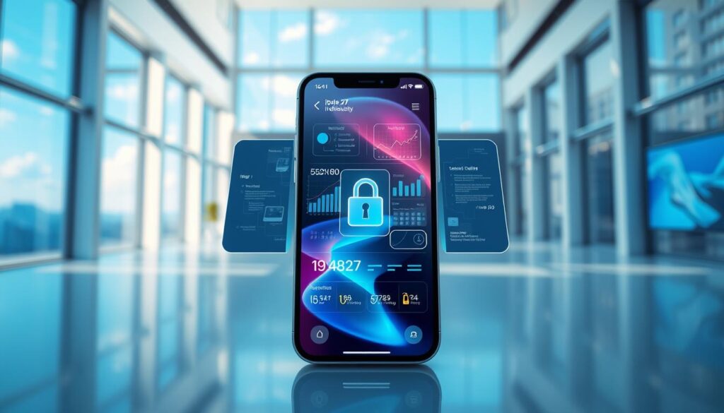 A futuristic, sleek digital workspace illustrating Apple’s focus on intelligent technology in iOS 27. In the foreground, a modern iPhone displaying a vibrant interface with advanced security features and analytical tools. The middle layer includes a holographic display projecting data trends and user analytics, surrounded by subtle glowing circuitry patterns. In the background, a serene tech-themed office with large windows showcasing a clear blue sky, creating an atmosphere of innovation and safety. Soft blue and white lighting enhances the clean and high-tech feel, with a slight lens flare effect for added depth. Capture a sense of calm professionalism and cutting-edge intelligence to reflect Apple’s commitment to security.