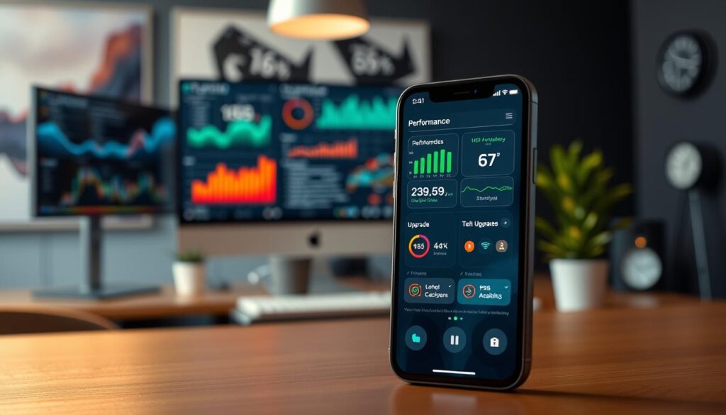 An iPhone displayed prominently in the foreground, showcasing its sleek design and vibrant screen filled with performance metrics and upgrade indicators. In the middle ground, a blurred image of a tech workspace featuring monitors, charts, and graphs depicting software performance analytics. Soft, diffused lighting casts a warm glow across the scene, suggesting a sense of innovation and reliability. The background consists of a modern office setting, with abstract tech-themed artwork and subtle details like a digital clock and a potted plant, adding a professional ambience. The overall mood is one of optimism and technological advancement, emphasizing stability and performance enhancements in iOS. The image should convey a sense of trust and efficiency in tech progression.