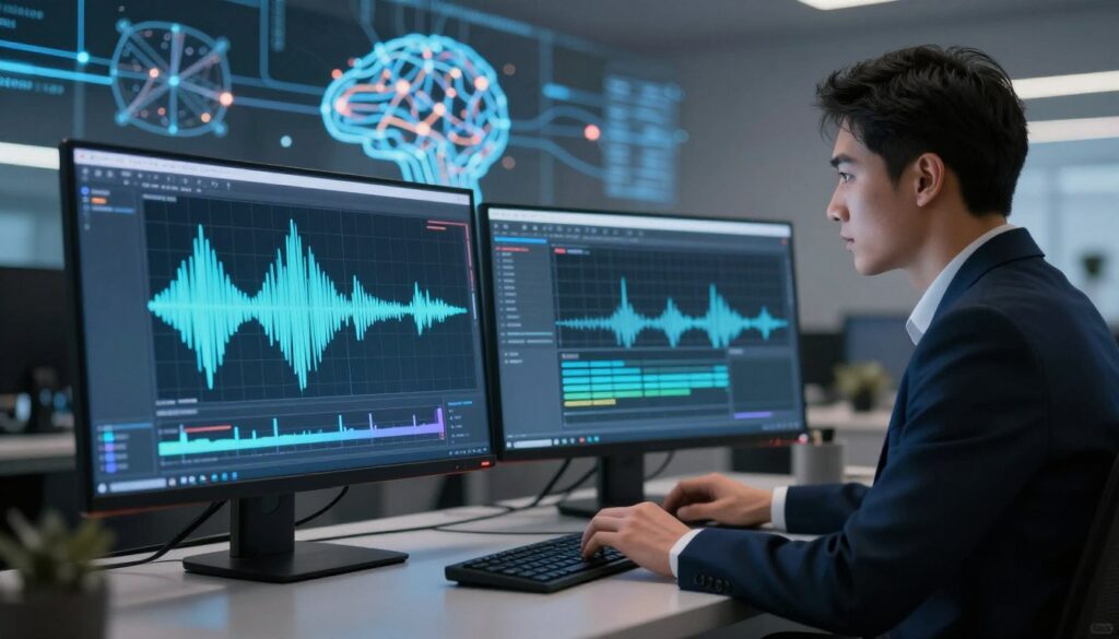 A detailed illustration of the voice cloning mechanism. In the foreground, a sleek, modern computer interface displays sound waves and audio spectrograms, representing the voice cloning process. In the middle ground, a professional individual, dressed in smart business attire, is seated at a desk, analyzing the audio data on the computer screen. The background features abstract representations of neural networks and artificial intelligence, with glowing lines and data points symbolizing the complexity of AI technology. Soft, ambient lighting enhances the high-tech atmosphere, while a slight tilt angle adds depth to the scene, creating an engaging and informative visual that captures the essence of AI voice technology.