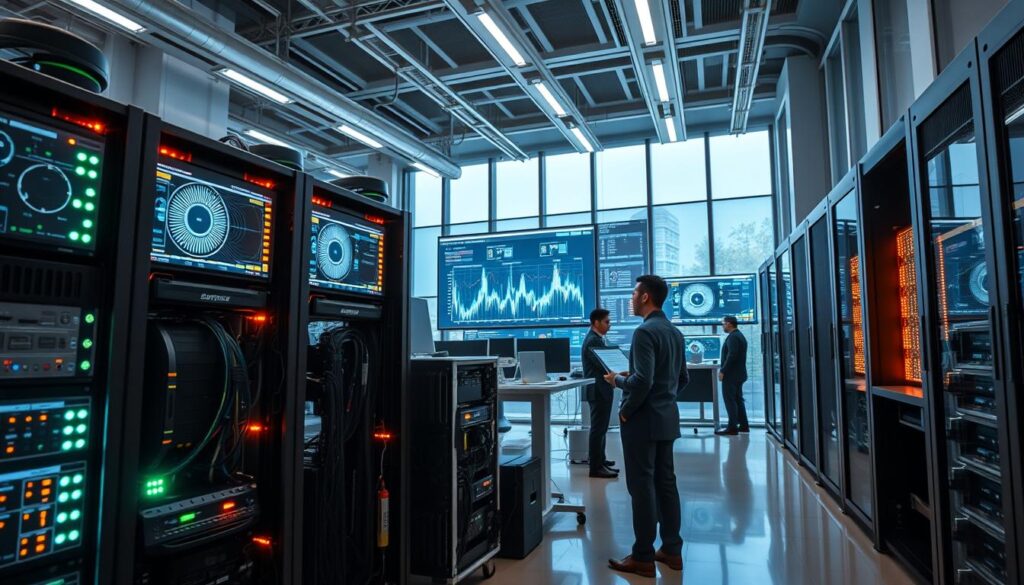 A futuristic Indonesian supercomputer lab, showcasing advanced technology and sleek design. In the foreground, a high-tech supercomputer cluster with glowing components and intricate wiring, surrounded by researchers in professional business attire, deeply engaged in their work. The middle ground features large screens displaying complex data visualizations and graphs, illustrating the potential of supercomputing in various fields. The background reveals a modern architectural setting with bright, natural lighting filtering through large windows, highlighting the lab's innovative atmosphere. The overall mood is one of excitement and potential, symbolizing the future opportunities for supercomputers in Indonesia, captured from a slightly elevated angle to showcase the entire scene.