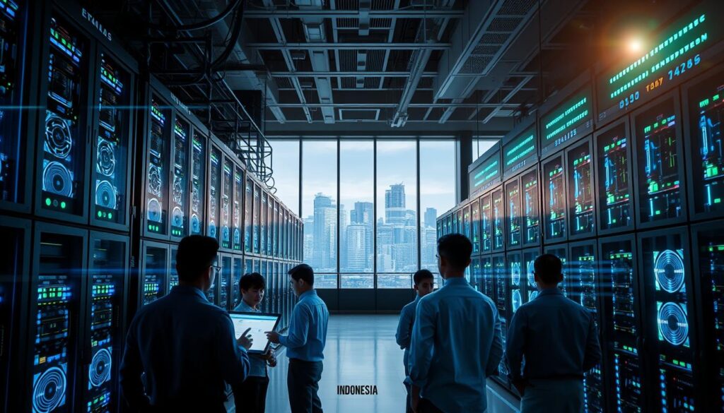 A futuristic data center filled with rows of powerful supercomputers, glowing with blue and green LED lights. The foreground features a group of professionals, dressed in smart casual attire, examining advanced technology on screens. In the middle ground, towering racks of supercomputers vibrantly lit, showcasing intricate circuitry and high-end components. The background reveals a large window overlooking a bustling city skyline, symbolizing progress and innovation. The atmosphere is serious yet hopeful, emphasizing the potential for technological advancement in Indonesia. Soft, ambient lighting cascades throughout the room, capturing a blend of efficiency and aspiration, with a slight lens flare to highlight the modern design.