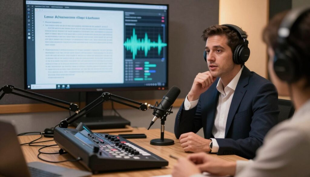 A professional setting capturing the essence of a legal podcast on AI voice cloning. In the foreground, a sleek podcast studio with a modern microphone, digital soundboard, and headphones. The mid-ground features a focused host, dressed in professional attire, sitting at the microphone, with a thoughtful expression as they engage in discussion. Behind them, a large screen displays visual elements of legal texts and audio waveforms, subtly hinting at the topic of law and technology. The lighting is warm and inviting, highlighting the seriousness of the discussion while creating a welcoming atmosphere. The image is taken from a slightly elevated angle, conveying both an intellectual and technological vibe, perfect for the theme of legal implications in AI podcasting.