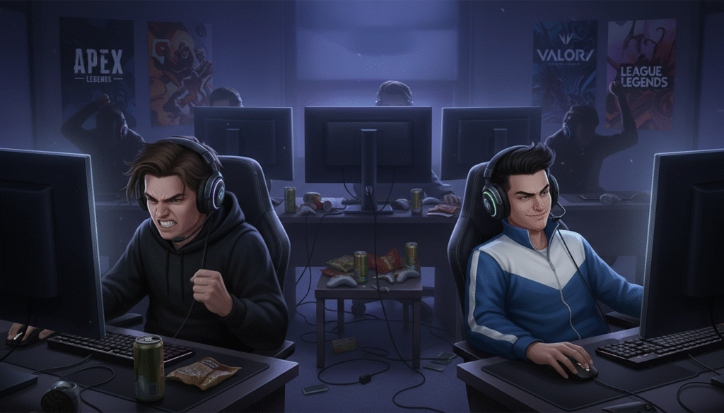 A vivid scene depicting gamers in a heated online competition environment, capturing the essence of their intense and sometimes toxic behavior. In the foreground, focus on two players: one leaning fiercely into the screen, visibly frustrated, while the other is smirking, showcasing an air of arrogance. Both are dressed in casual yet neat clothing, with headphones on. In the middle ground, show a cluttered room, adorned with posters of popular games and glowing monitors, emitting an ambient blue light. In the background, a darkened setting enhances the tension, with shadows hinting at a chaotic atmosphere. The lighting is dramatic, emphasizing the players’ emotions and the palpable stress of competitive gaming. The overall mood is tense and charged, reflecting the complexities of player interactions beyond technical issues.